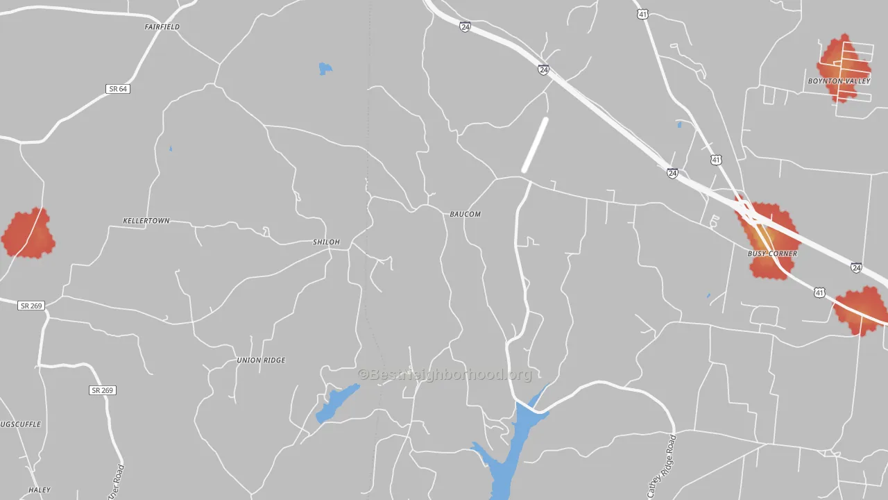 Walk Grade map of Union Ridge, TN, walkable areas in green and car-dependent areas in red