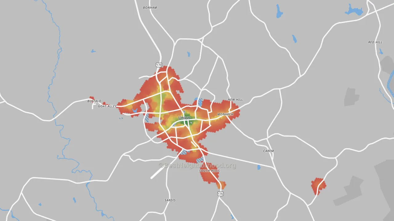 Walk Grade map of Union, SC, walkable areas in green and car-dependent areas in red