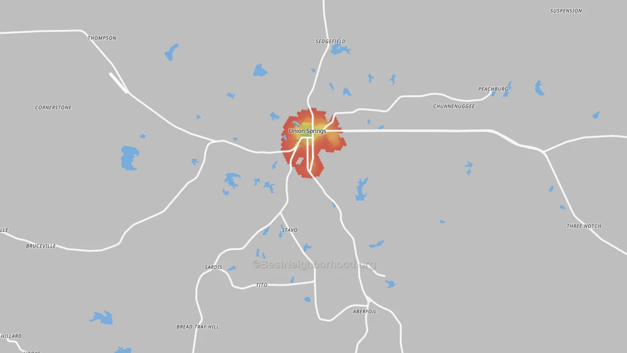 Walk Grade map of Union Springs, AL, walkable areas in green and car-dependent areas in red