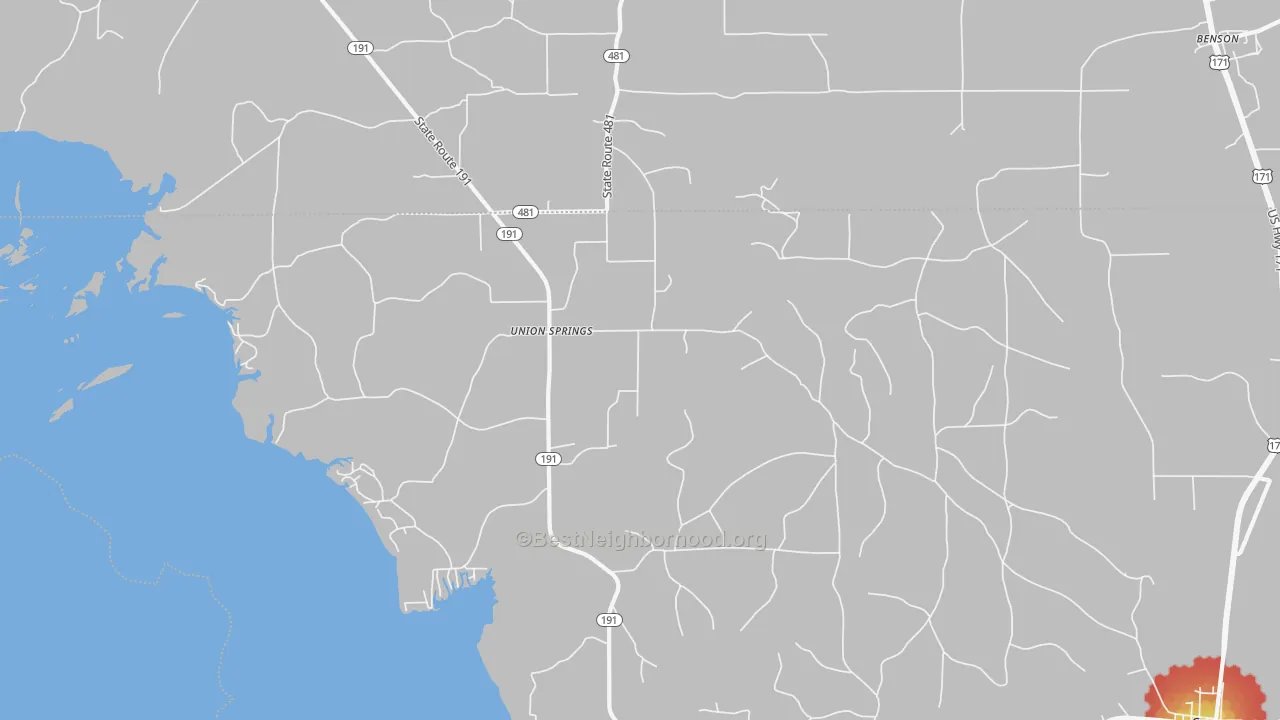 Walk Grade map of Union Springs, LA, walkable areas in green and car-dependent areas in red