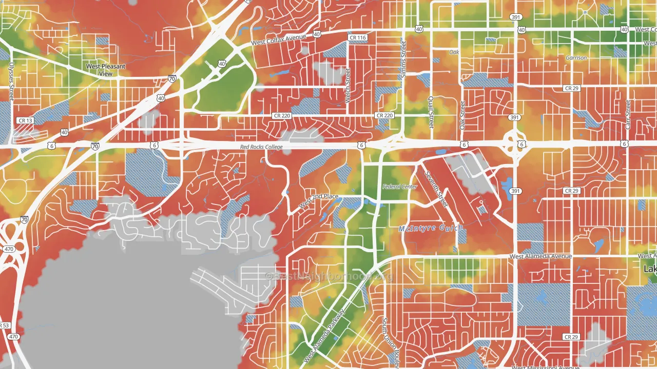 Walk Grade map of Union Square, Lakewood, CO, walkable areas in green and car-dependent areas in red