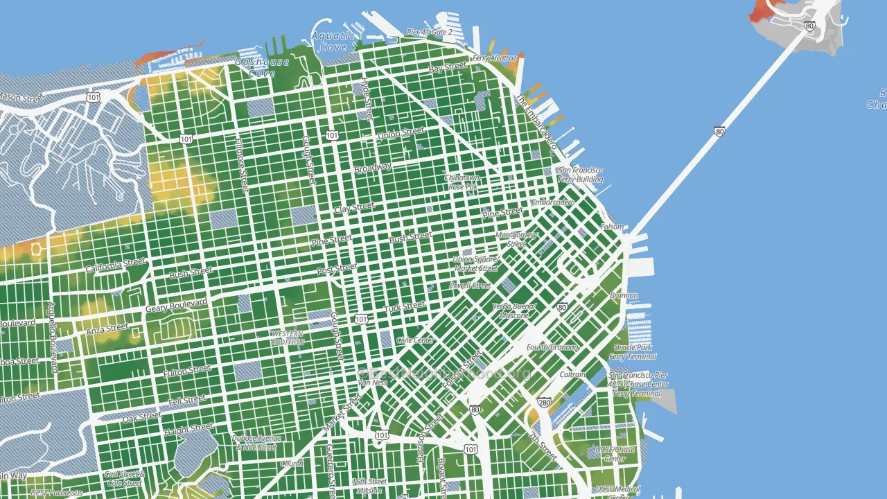 Walk Grade map of Union Square, San Francisco, CA, walkable areas in green and car-dependent areas in red