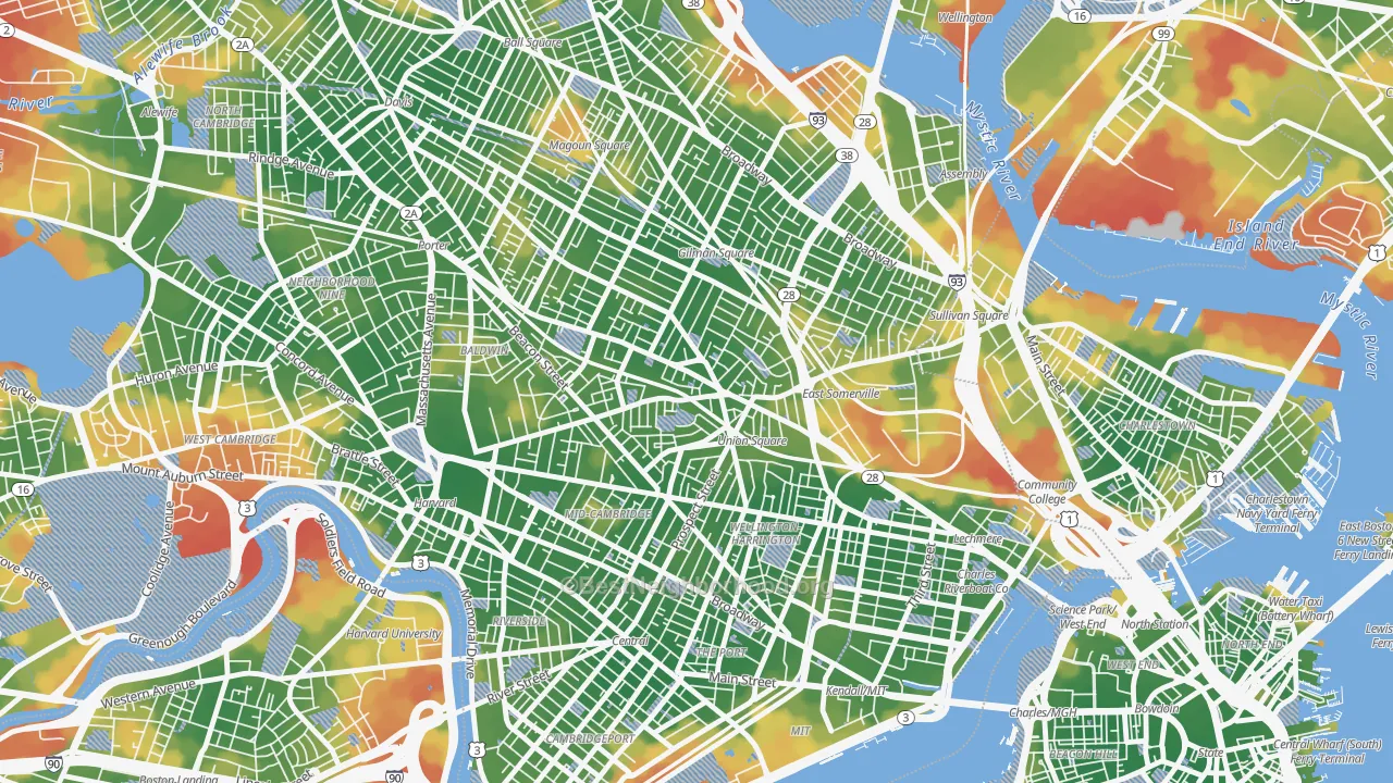 Walk Grade map of Union Square, Somerville, MA, walkable areas in green and car-dependent areas in red