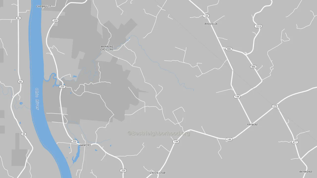 Walk Grade map of Union Star, KY, walkable areas in green and car-dependent areas in red