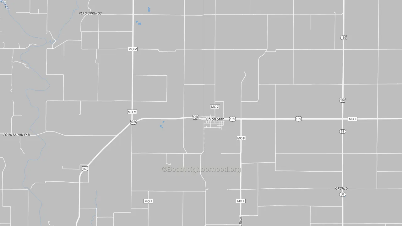 Walk Grade map of Union Star, MO, walkable areas in green and car-dependent areas in red