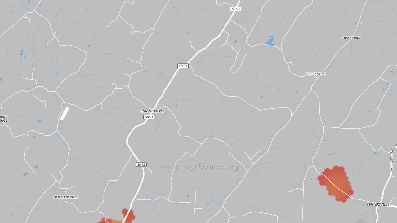 Walk Grade map of Union Temple, TN, walkable areas in green and car-dependent areas in red