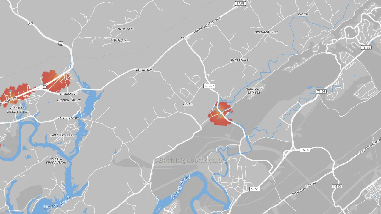 Walk Grade map of Union, TN, walkable areas in green and car-dependent areas in red