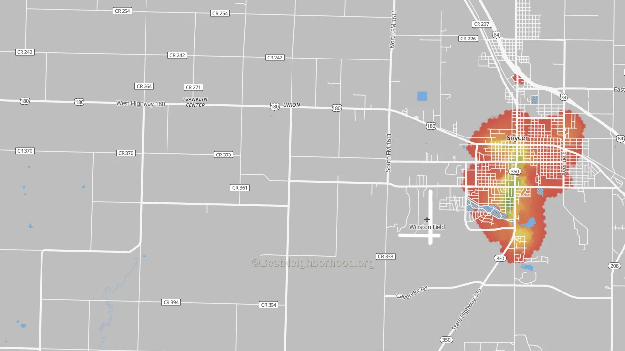 Walk Grade map of Union, TX, walkable areas in green and car-dependent areas in red