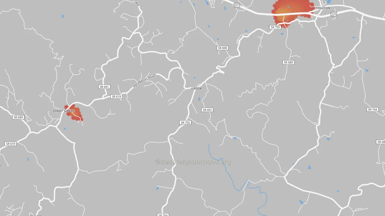 Walk Grade map of Union, VA, walkable areas in green and car-dependent areas in red