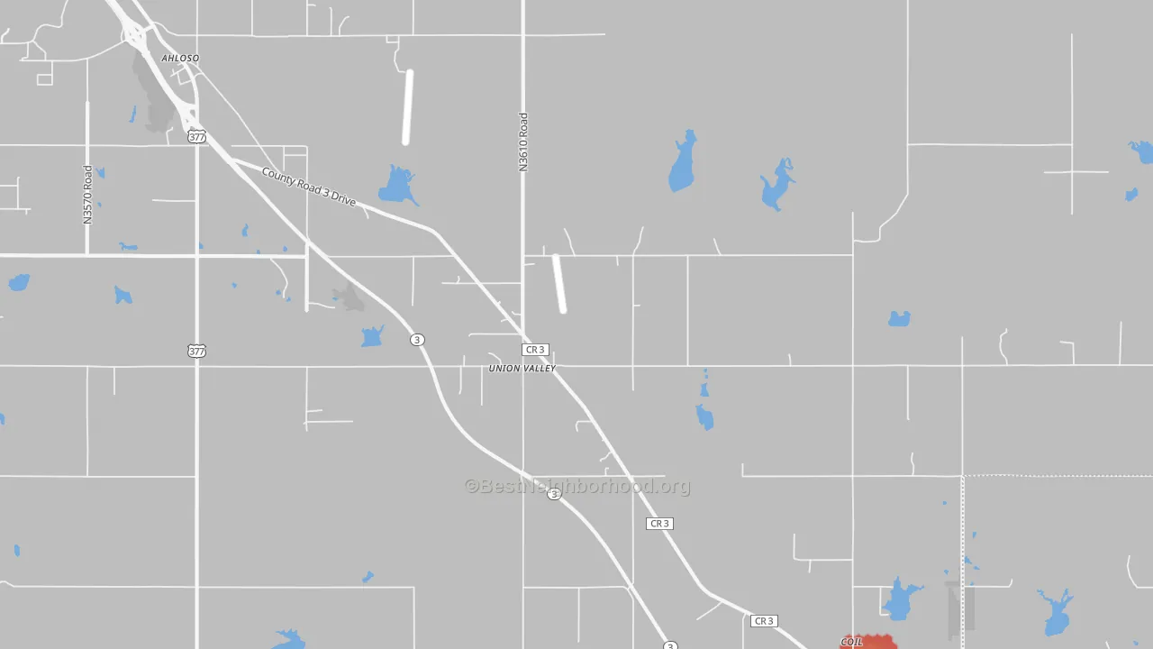 Walk Grade map of Union Valley, OK, walkable areas in green and car-dependent areas in red