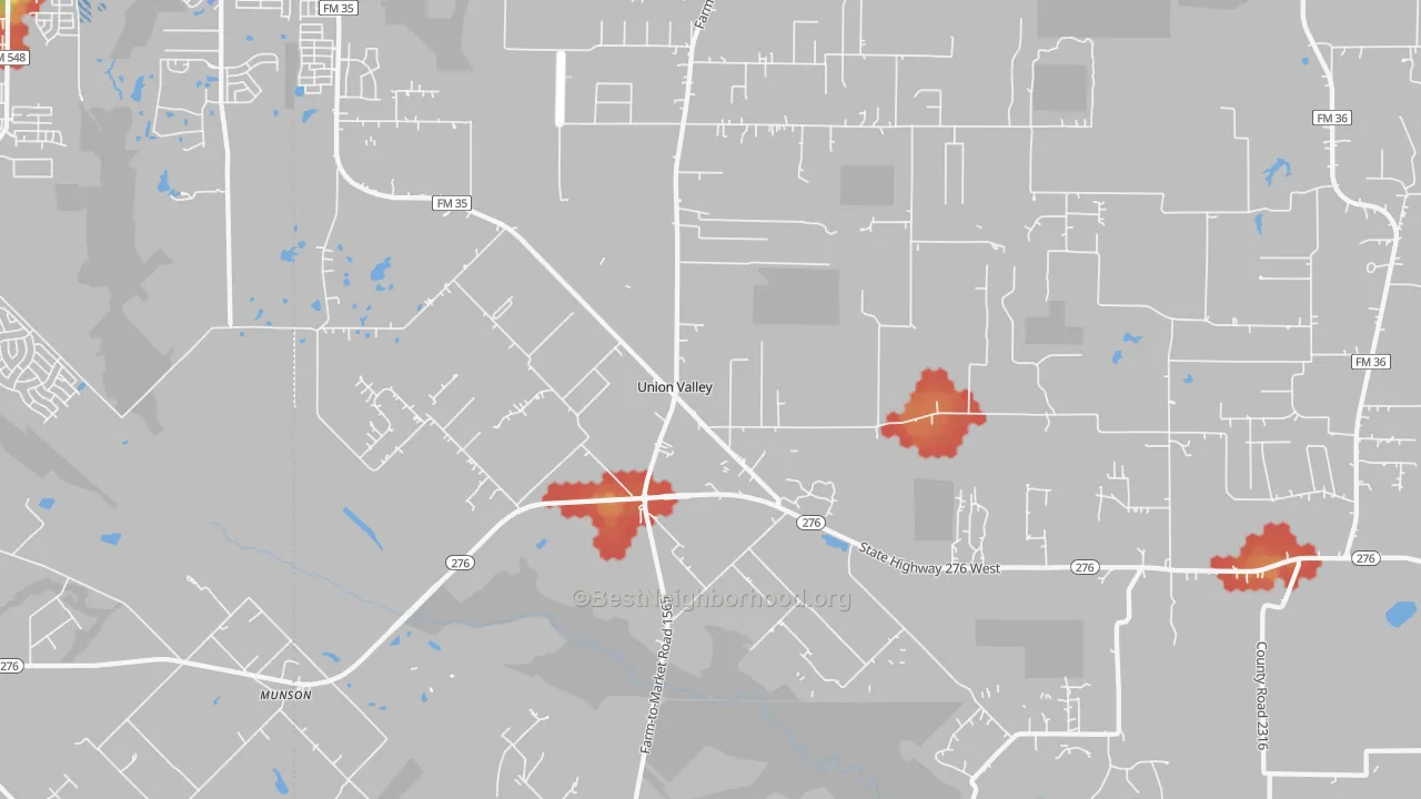 Walk Grade map of Union Valley, TX, walkable areas in green and car-dependent areas in red