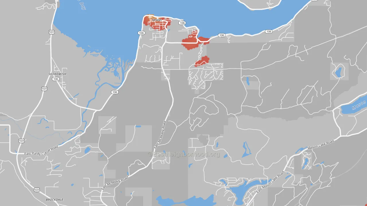 Walk Grade map of Union, WA, walkable areas in green and car-dependent areas in red