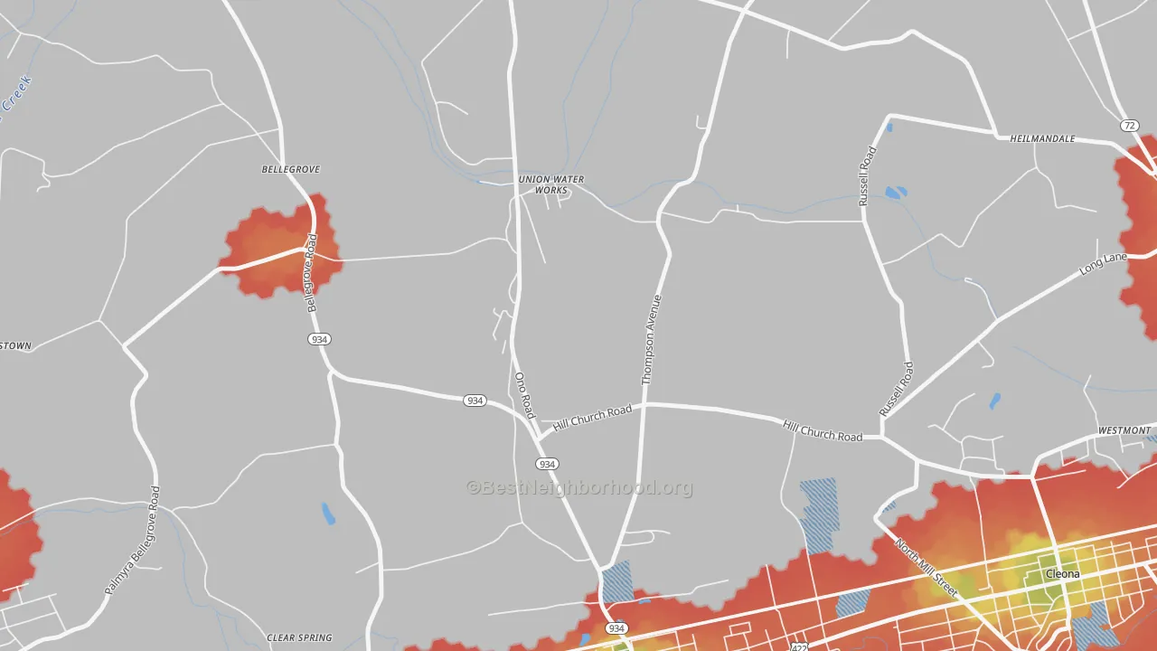 Walk Grade map of Union Water Works, PA, walkable areas in green and car-dependent areas in red