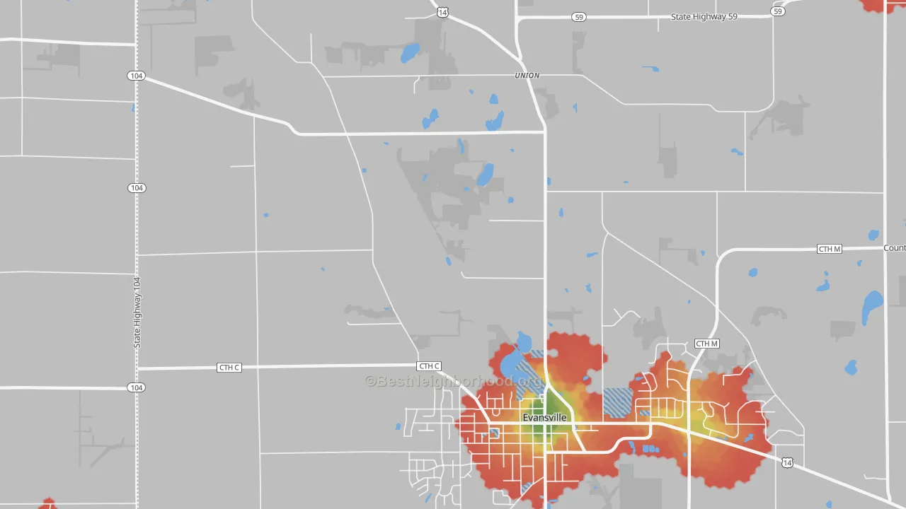 Walk Grade map of Union, WI, walkable areas in green and car-dependent areas in red