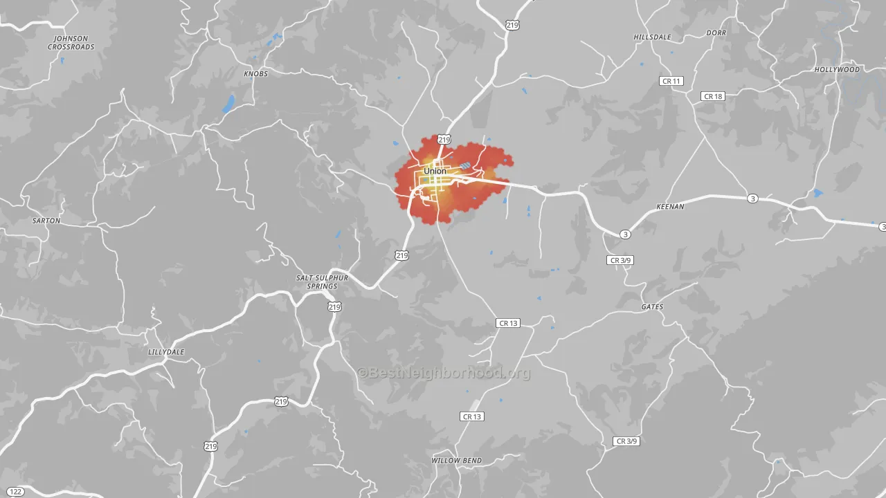 Walk Grade map of Union, WV, walkable areas in green and car-dependent areas in red