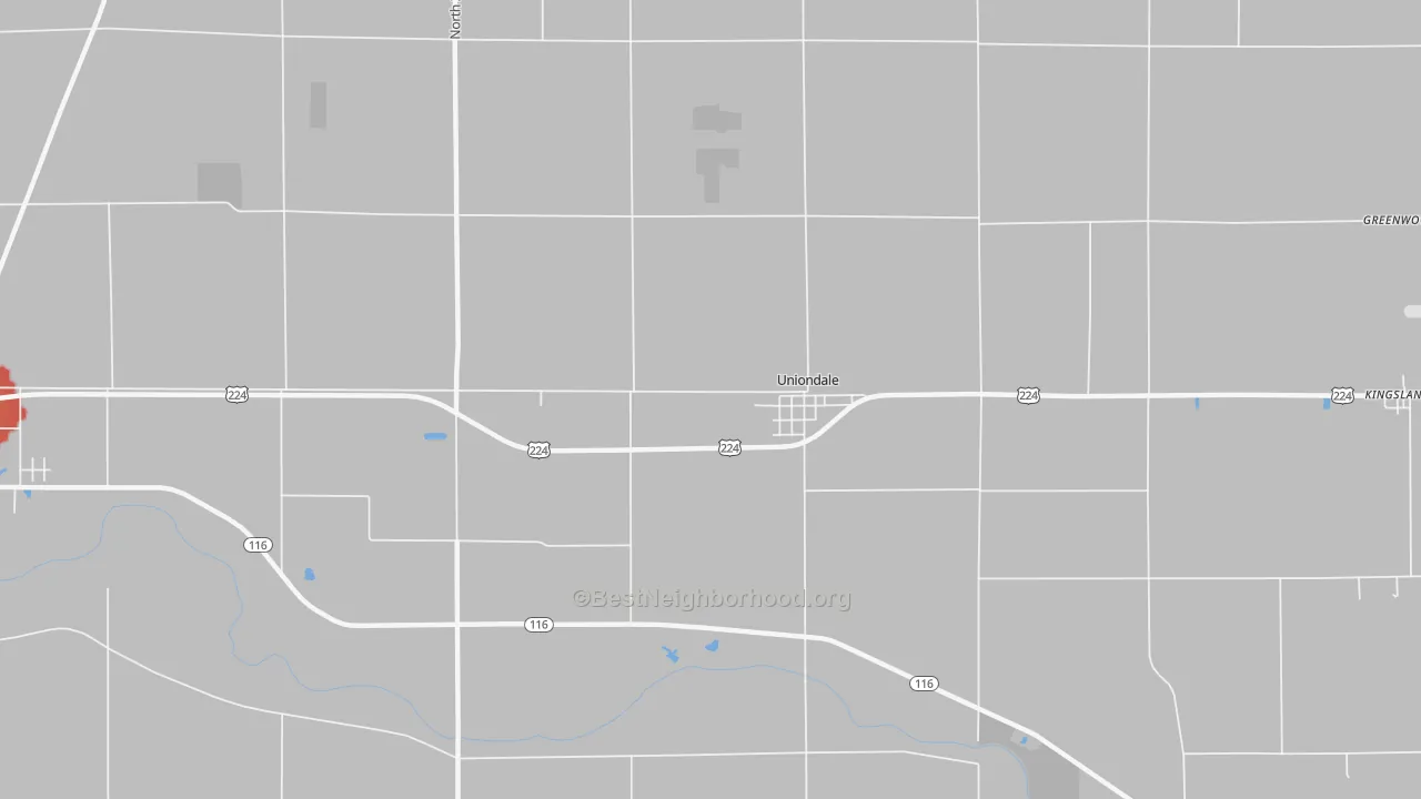 Walk Grade map of Uniondale, IN, walkable areas in green and car-dependent areas in red