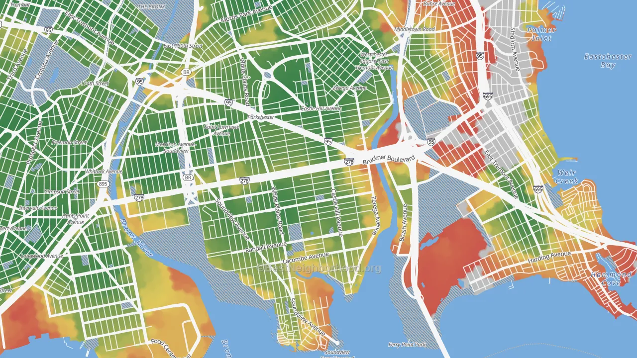 Walk Grade map of Unionport, Bronx, NY, walkable areas in green and car-dependent areas in red