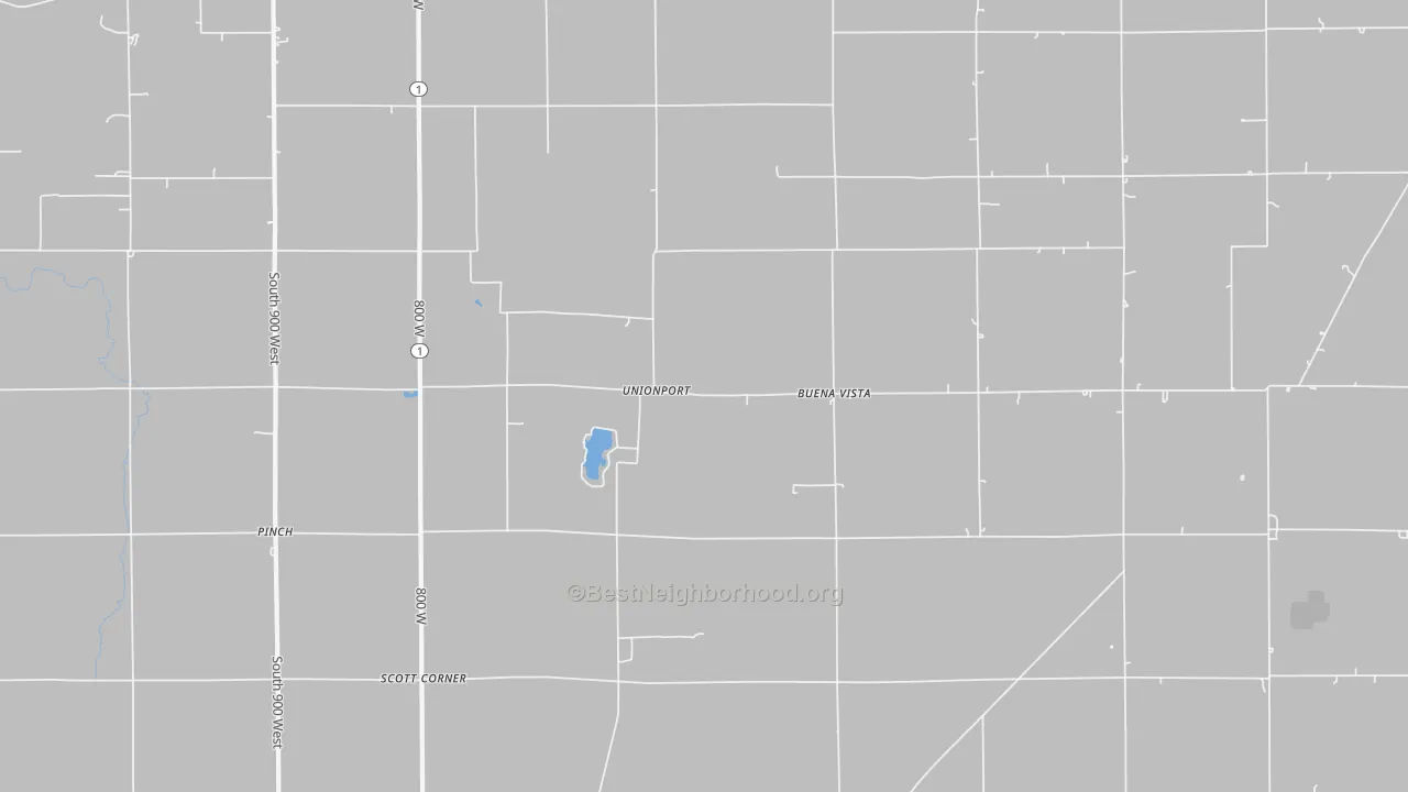 Walk Grade map of Unionport, IN, walkable areas in green and car-dependent areas in red