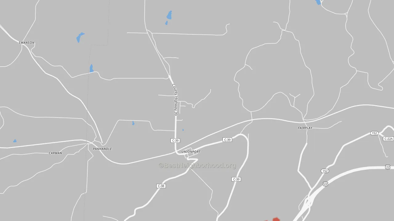 Walk Grade map of Unionport, OH, walkable areas in green and car-dependent areas in red