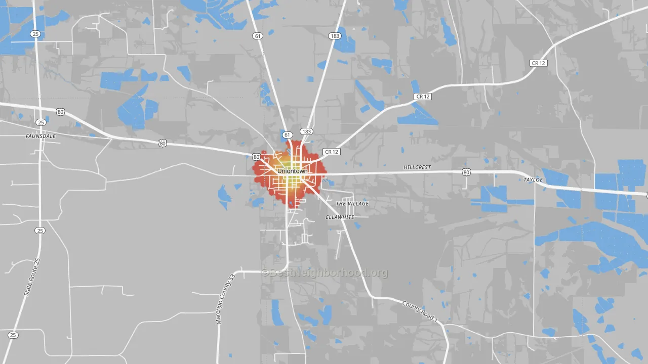 Walk Grade map of Uniontown, AL, walkable areas in green and car-dependent areas in red