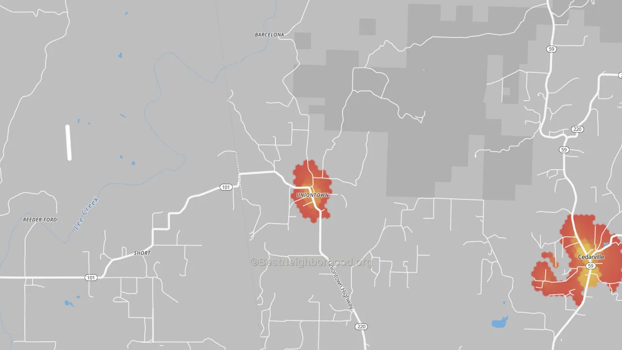 Walk Grade map of Uniontown, AR, walkable areas in green and car-dependent areas in red