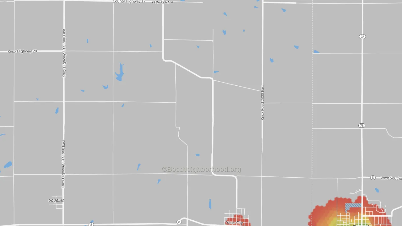 Walk Grade map of Uniontown, IL, walkable areas in green and car-dependent areas in red
