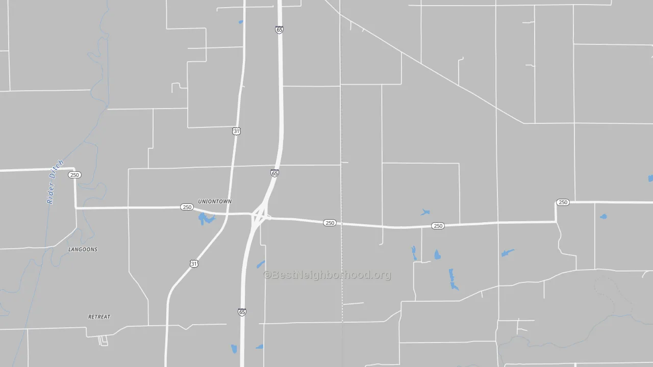 Walk Grade map of Uniontown, IN, walkable areas in green and car-dependent areas in red