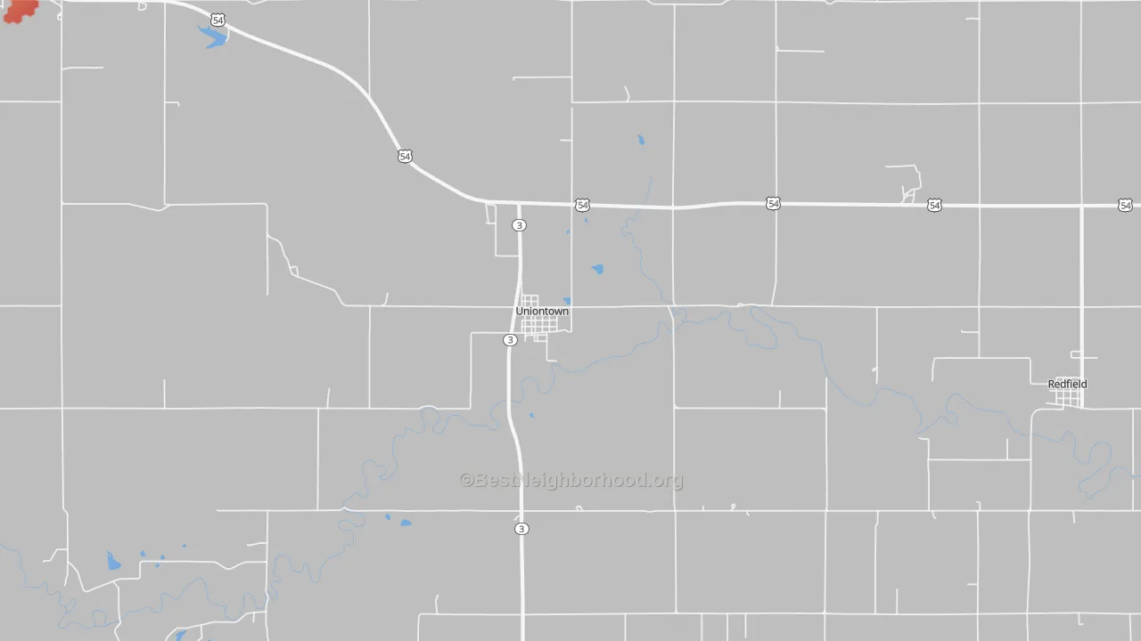 Walk Grade map of Uniontown, KS, walkable areas in green and car-dependent areas in red