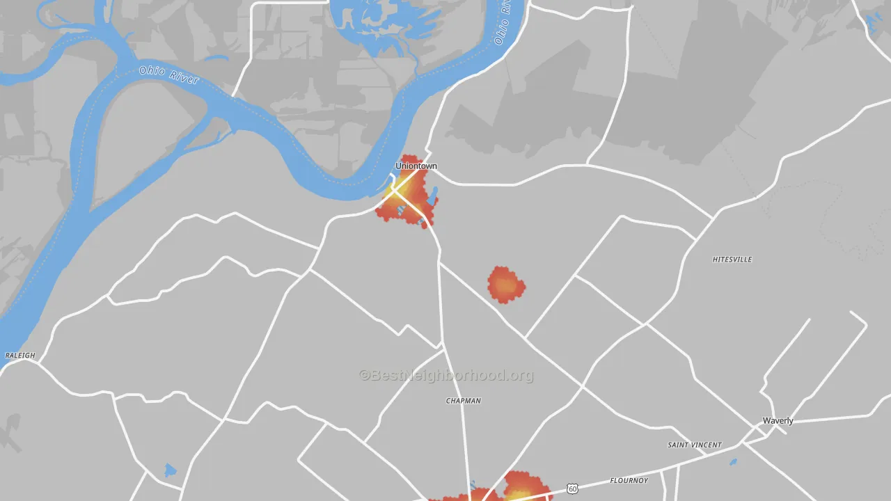 Walk Grade map of Uniontown, KY, walkable areas in green and car-dependent areas in red