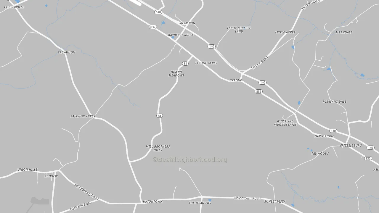Walk Grade map of Uniontown, MD, walkable areas in green and car-dependent areas in red