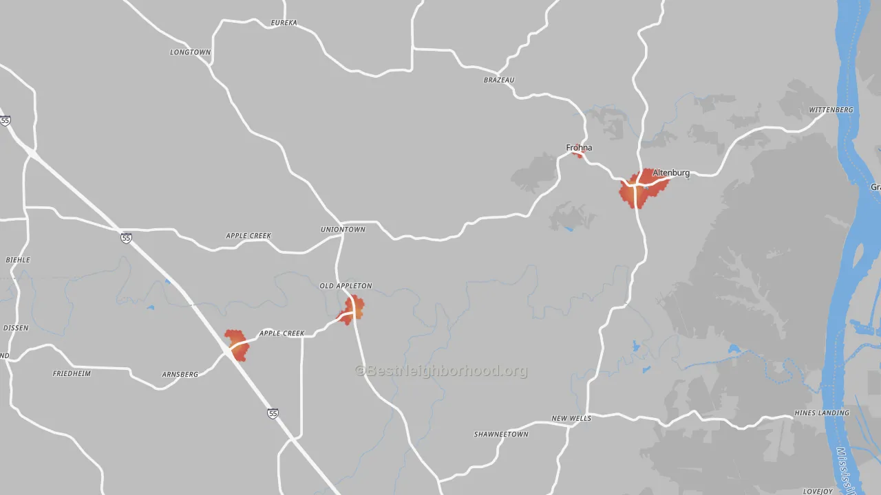 Walk Grade map of Uniontown, MO, walkable areas in green and car-dependent areas in red