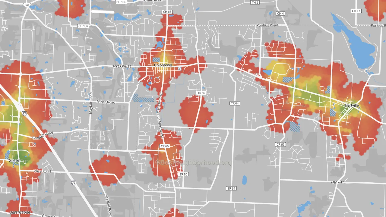 Walk Grade map of Uniontown, OH, walkable areas in green and car-dependent areas in red