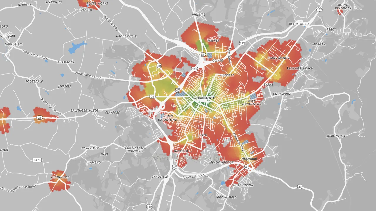Walk Grade map of Uniontown, PA, walkable areas in green and car-dependent areas in red