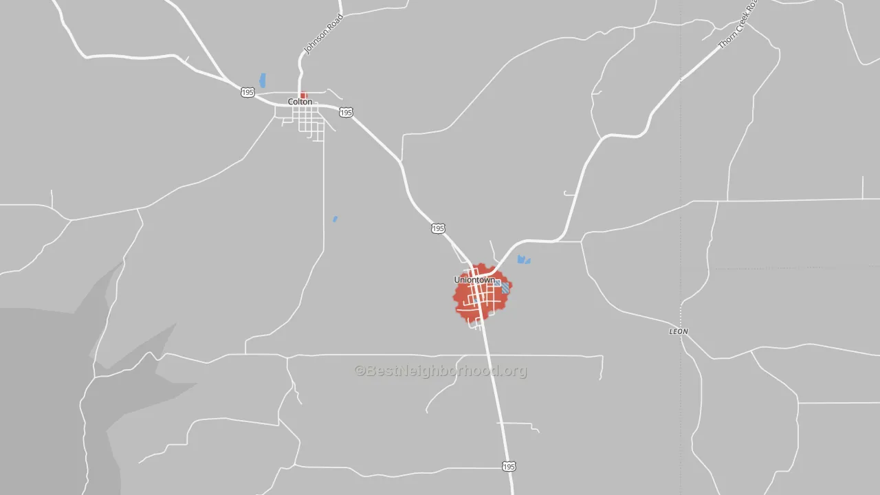 Walk Grade map of Uniontown, WA, walkable areas in green and car-dependent areas in red