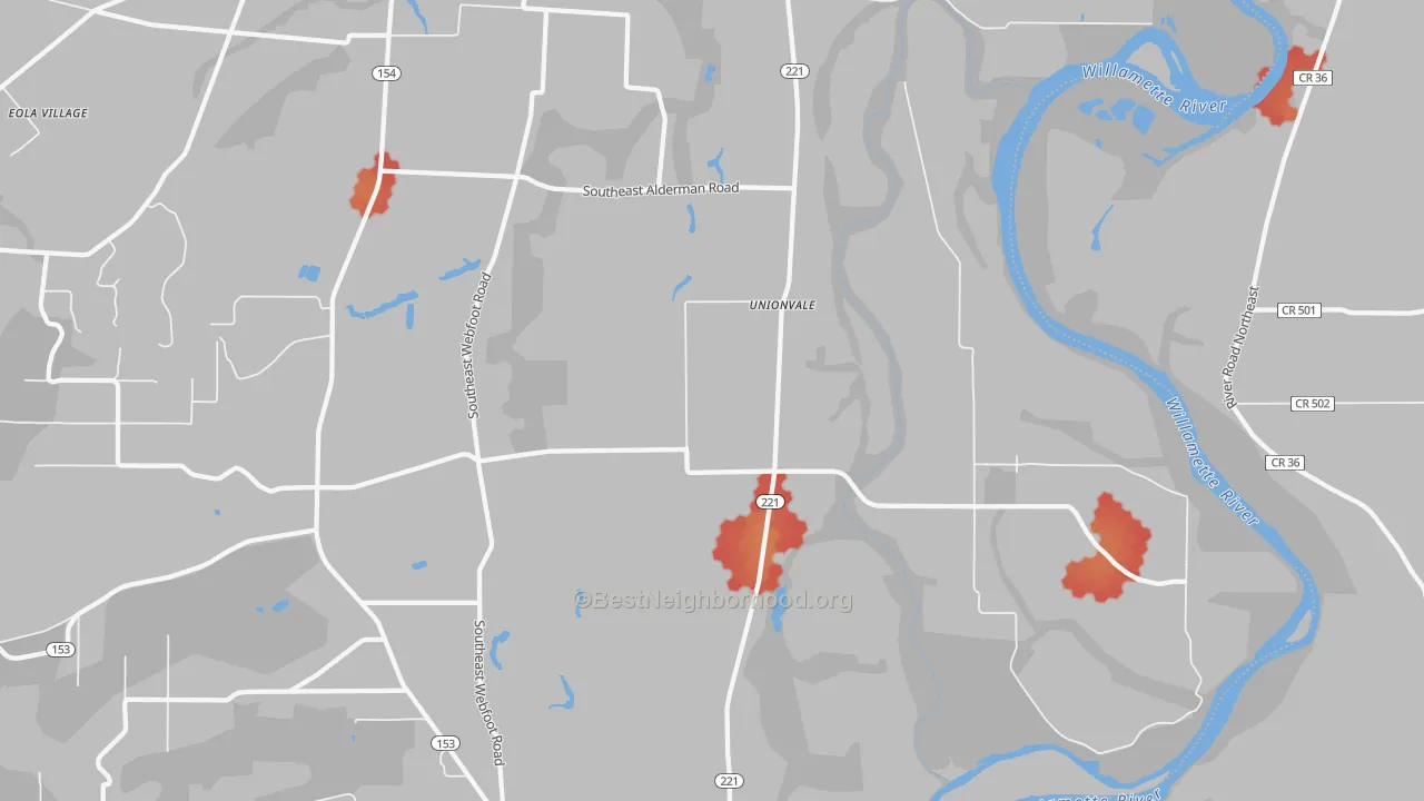 Walk Grade map of Unionvale, OR, walkable areas in green and car-dependent areas in red