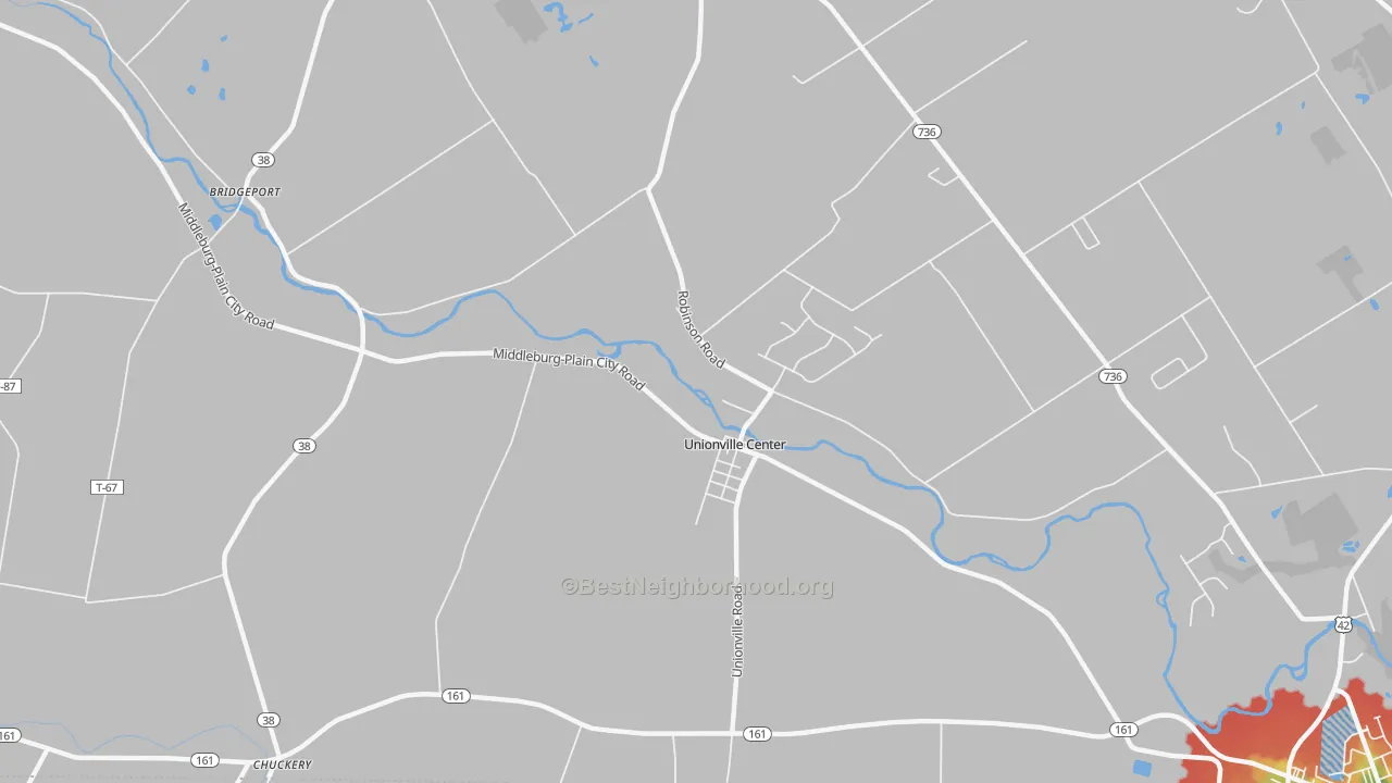 Walk Grade map of Unionville Center, OH, walkable areas in green and car-dependent areas in red