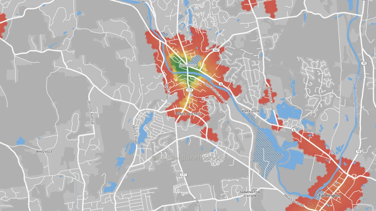Walk Grade map of Unionville, CT, walkable areas in green and car-dependent areas in red