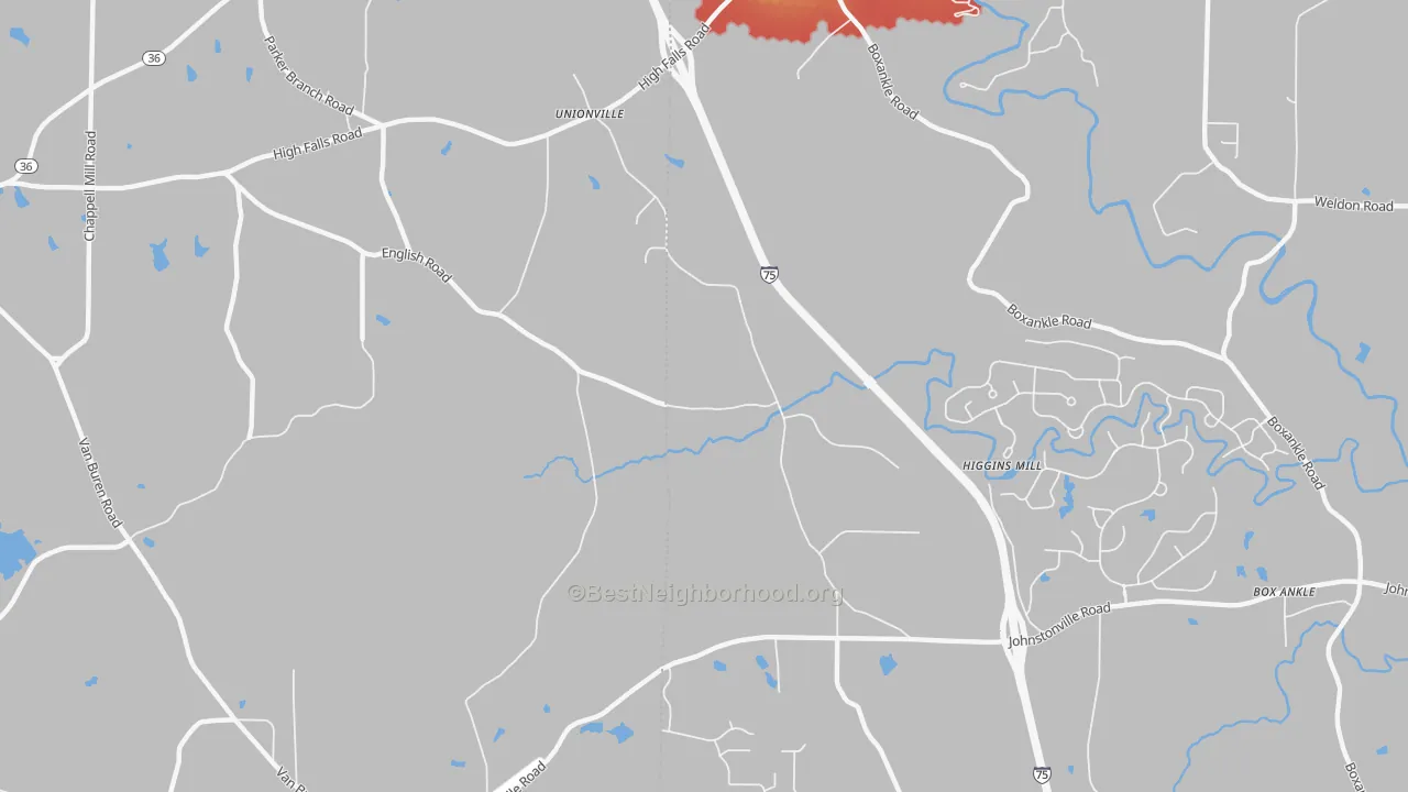 Walk Grade map of Unionville, GA, walkable areas in green and car-dependent areas in red