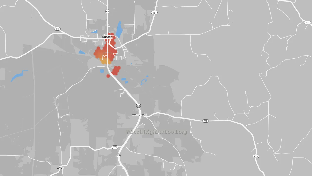 Walk Grade map of Unionville, LA, walkable areas in green and car-dependent areas in red