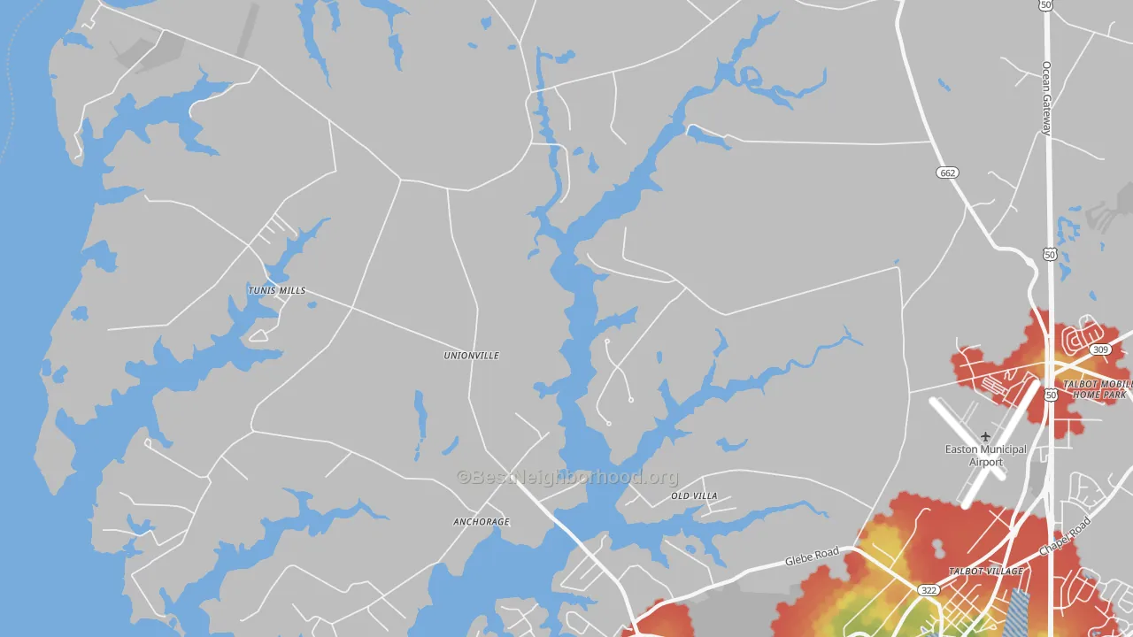 Walk Grade map of Unionville, MD, walkable areas in green and car-dependent areas in red