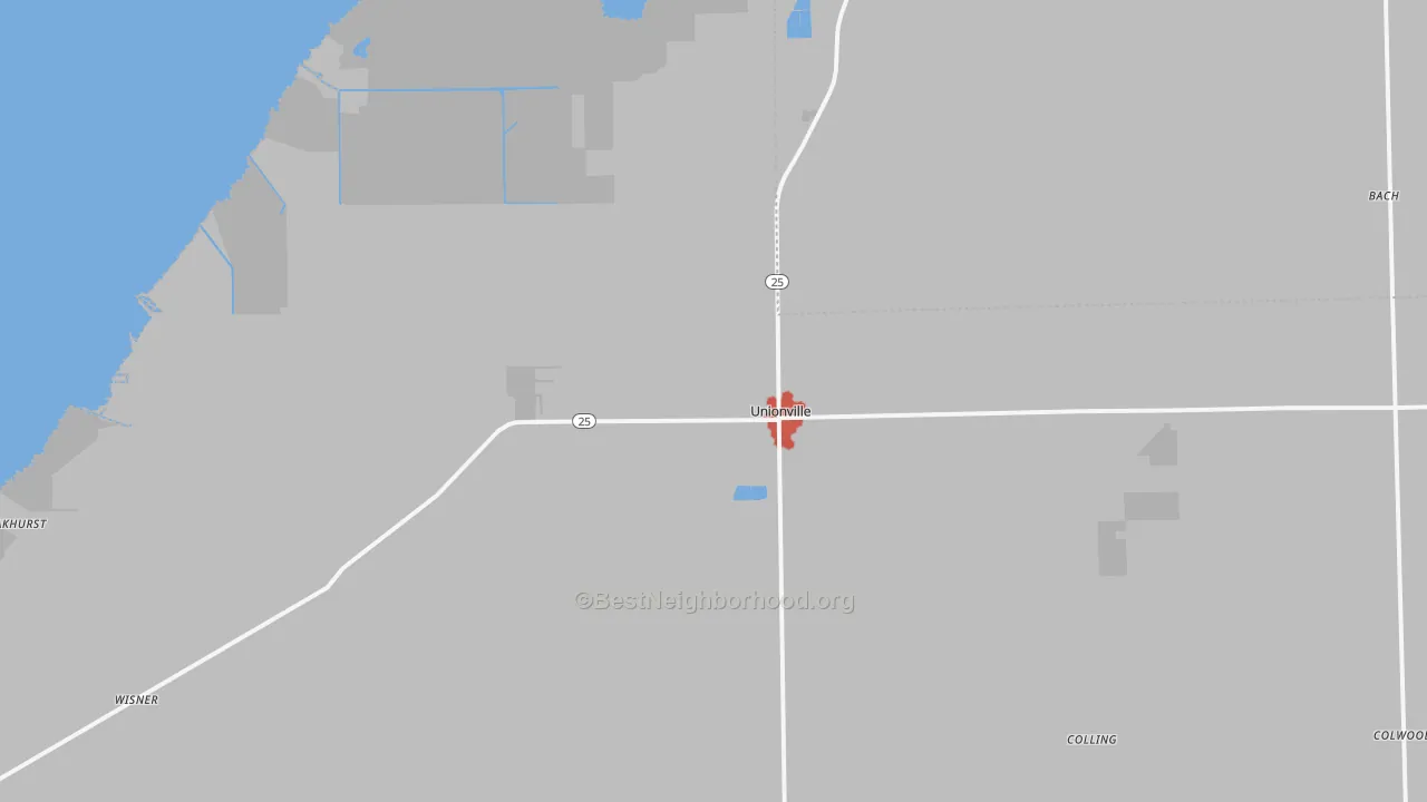 Walk Grade map of Unionville, MI, walkable areas in green and car-dependent areas in red