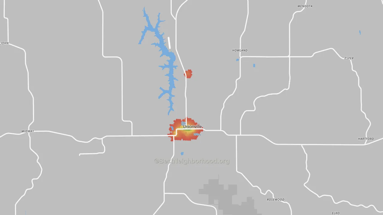 Walk Grade map of Unionville, MO, walkable areas in green and car-dependent areas in red