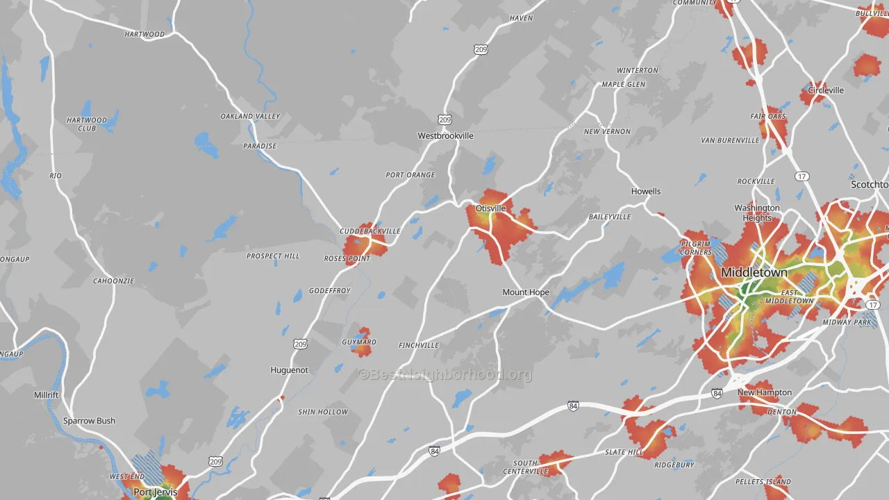 Walk Grade map of Unionville, NY, walkable areas in green and car-dependent areas in red