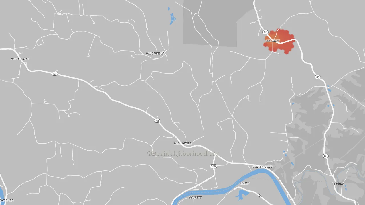 Walk Grade map of Unionville, OH, walkable areas in green and car-dependent areas in red