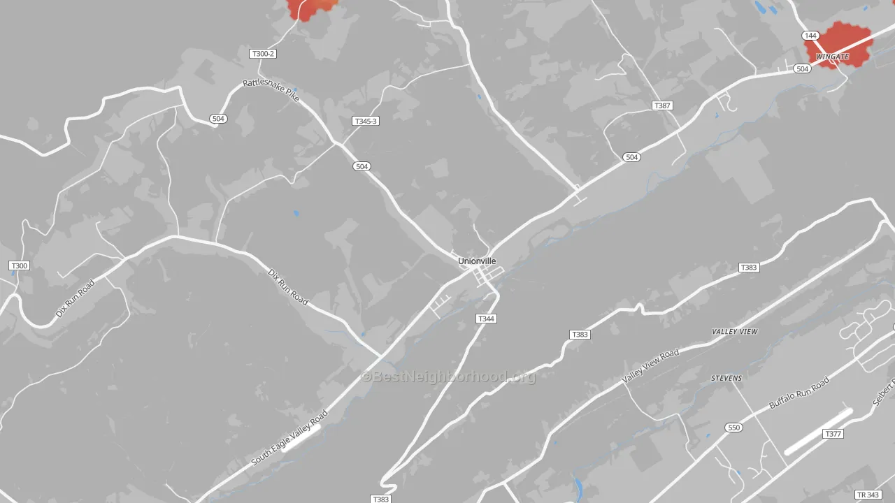 Walk Grade map of Unionville, PA, walkable areas in green and car-dependent areas in red