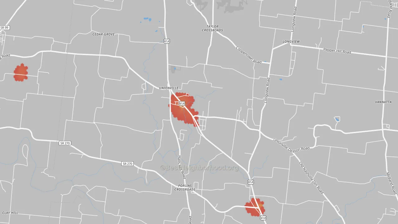 Walk Grade map of Unionville, TN, walkable areas in green and car-dependent areas in red