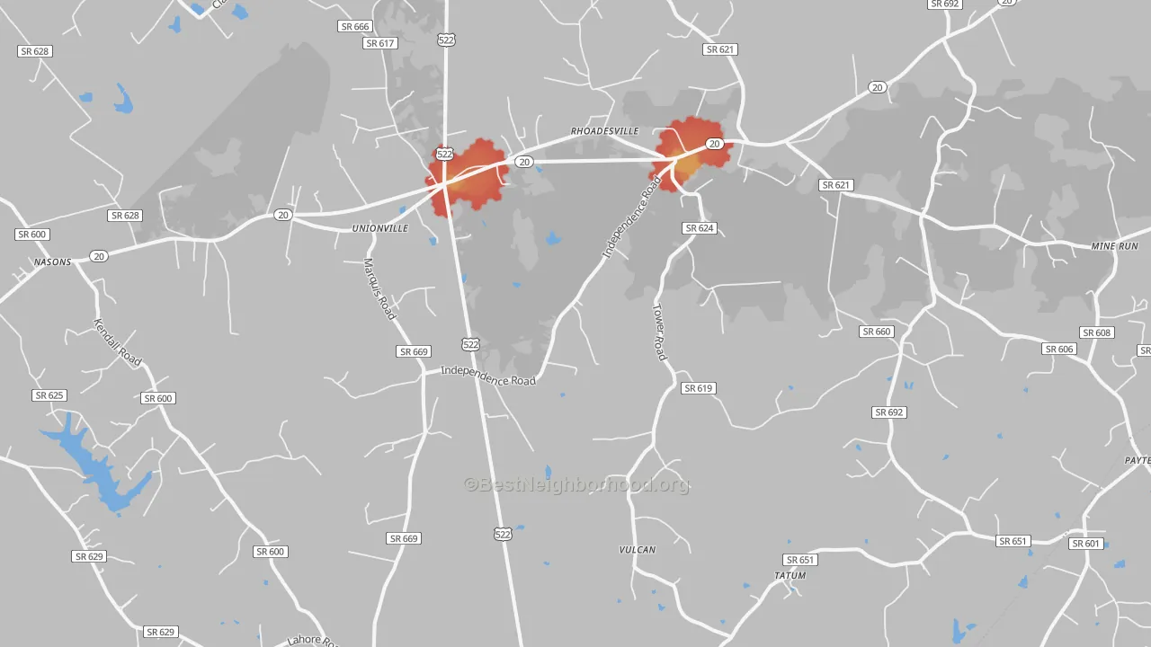 Walk Grade map of Unionville, VA, walkable areas in green and car-dependent areas in red
