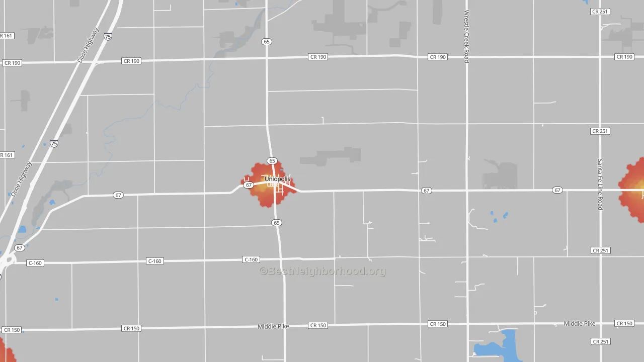 Walk Grade map of Uniopolis, OH, walkable areas in green and car-dependent areas in red