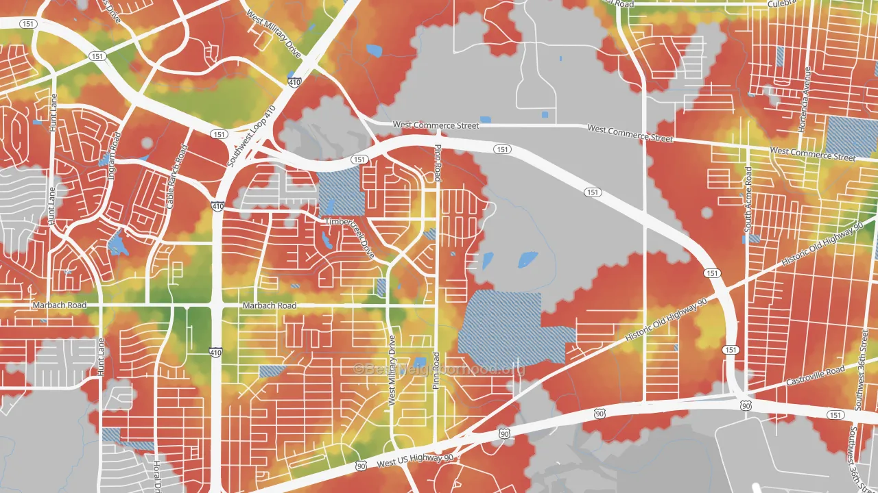 Walk Grade map of United Westwood, San Antonio, TX, walkable areas in green and car-dependent areas in red