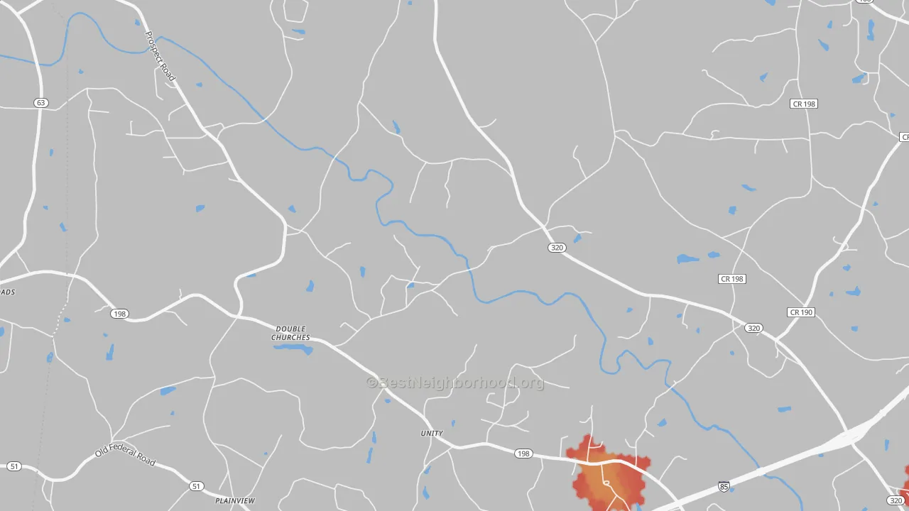 Walk Grade map of Unity, GA, walkable areas in green and car-dependent areas in red